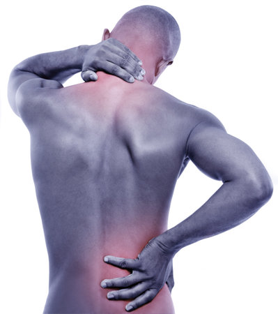 Man, backache and neck pain with glow, spine injury and illness with fibromyalgia pr pressure on...