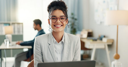Portrait of woman with smile, laptop and coworking space for research, online admin and consultant...