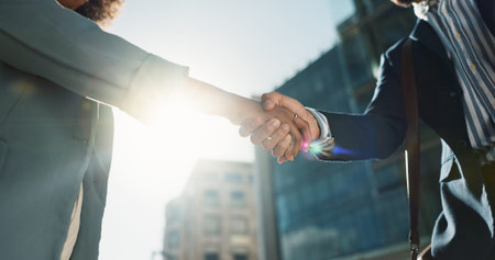 Outdoor, business people and professional with handshake, conversation and contract with lens flare,...