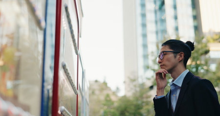 Man, thinking and choice at the vending machine for food or hot drink with businessman in city....
