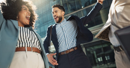 Business people, hands stack celebration and excited in city for goals, support and profit on...