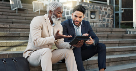 Tablet, conversation and business men in the city in discussion for corporate legal case. Teamwork, collaboration and male attorneys with digital technology sitting and talking on stairs in town.の写真素材