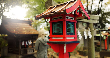 Japan, nature and wooden lantern in Kyoto with trees, tourist and woman with torii gate. Architecture, japanese culture and shinto shrine in woods with sculpture, religion memorial and monumentの写真素材