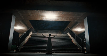 Dancing, night and woman with energy, creative and artistic with performance, training and talent. Person, dancer and girl with workout, culture and practice with routine, freedom and fitnessの写真素材