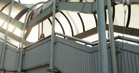 Stairs, walking and Japanese woman in city for morning commute, travelling and journey in urban...