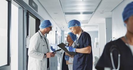 Teamwork, talking and doctors with a tablet at a hospital for health advice or surgery communication. Help, clinic and medical employees speaking with technology, planning and schedule for nursingの写真素材