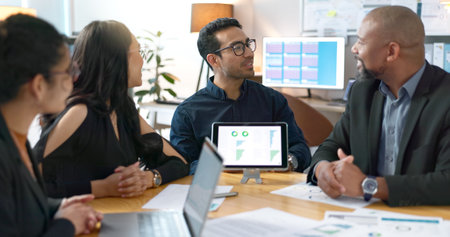 Business, team and office with presentation on tablet with smart pen, happiness and collaboration. Diversity, professional and teamwork with graphs, creativity and coaching, training and learningの写真素材