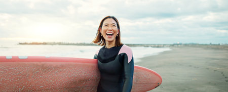Banner, woman and excited for surfing at beach, sea and ocean for summer holiday, travel and...