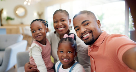 Black family, selfie and memory with parents and children at home, love and bonding, happy and...