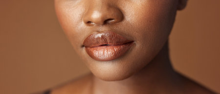 Closeup, lips and black woman with beauty, smile and skincare on a brown studio background. African...