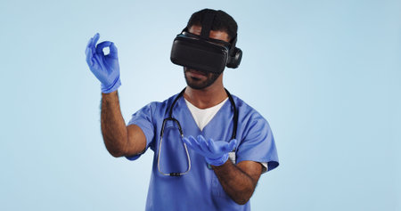Nurse, man and virtual reality glasses for surgery, healthcare innovation and surgeon on a blue...