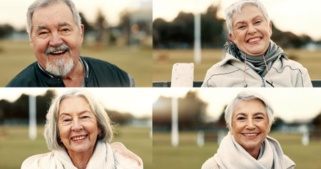 Collage, sports field and portrait of senior people faces as fans at a match and happy for...