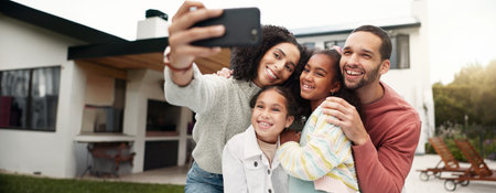 Children, family and selfie outdoor with a smile, love and care in home backyard. Young latino woman...