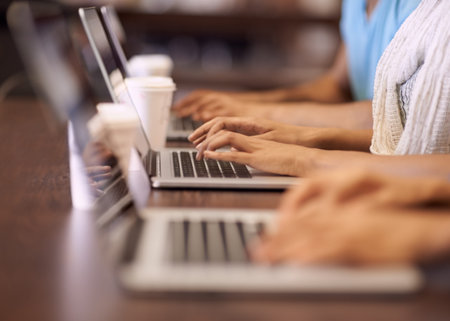 Laptop, university group and hands of people typing research, online education or school project....