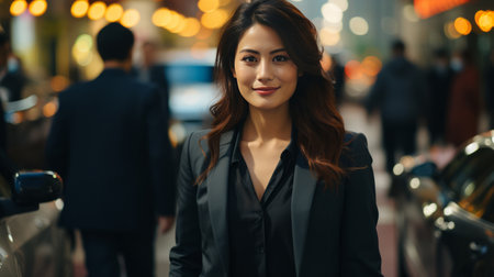 Asian, portrait and businesswoman with night, city and professional entrepreneur in street. Happyの素材