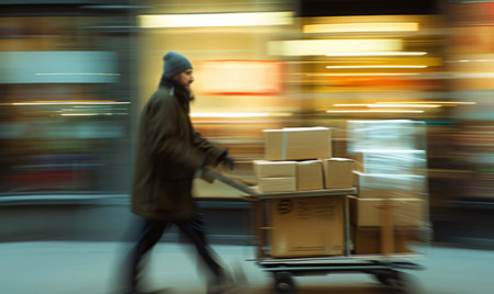 Delivery service, cardboard box and man pushing a cart for courier business company, food parcel orの素材