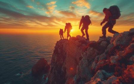 Mountain peak, adventure and background with hiking gear for travel, freedom or vacation. Healthの素材