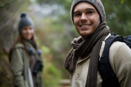 Nature portrait, happy man or couple on hiking journey, travel adventure or mountain climbing walk....