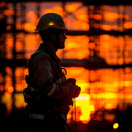 Construction worker, silhouette and hard hat for building development, maintenance and propertyの素材