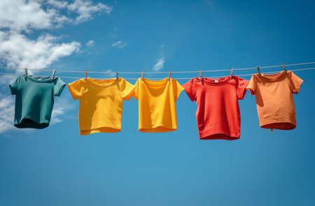 Cloth, laundry or colourful fabric hanging on a washing line for laundromat business, textile andの素材