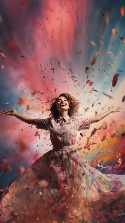 Happy woman, vibrant confetti and colorful joy. Joyful, lively and radiant lady in a spectrum ofの素材