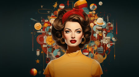 Pop art woman, vibrant colors and retro style. Playful, energetic and visually striking illustrationの素材