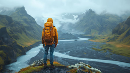 Success, adventure and background with hiking for travel, freedom or vacation. Health, activity andの素材