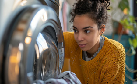 Woman, laundry and clean clothes loaded into a washing machine for laundromat, chores or selfの素材
