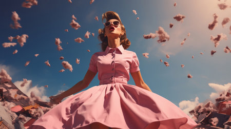 Woman, pink dress and joy under pink clouds. Elegant, radiant and blissful lady showing happinessの素材