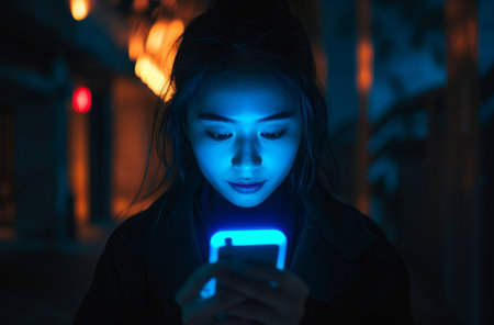 Woman, cellphone and communication background for big data, social media addiction and smartphoneの素材