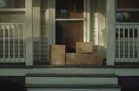 Door delivery, courier or package on front doorstep for ecommerce business, shopping or shipmentの素材