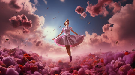 Woman, pink dress and joy under pink clouds. Elegant, radiant and blissful lady showing happinessの素材