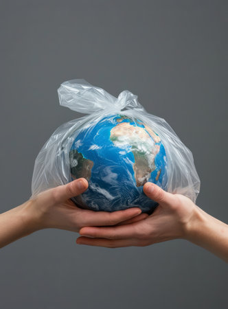 Globe, earth and garbage bag mockup for environment, climate change and pollution concept. Handの素材