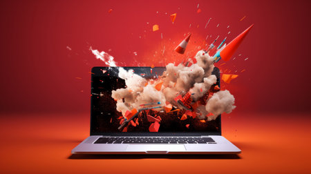 Explosion, laptop and startup fail in disaster, destruction and cyber security breach. Bomb, dangerの素材