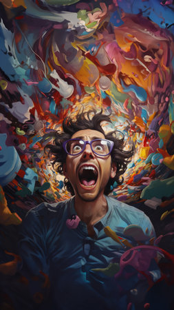 Excited man, shouts, surrounded by colorful burst. Energetic, lively and joyful individualの素材