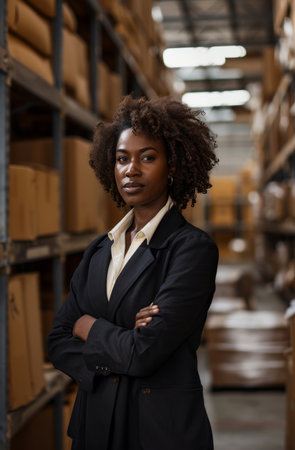 Warehouse, business and woman employee checking stock or product for courier service, delivery orの素材