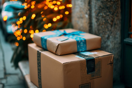 Door delivery, courier or package on front doorstep for ecommerce business, shopping or shipmentの素材
