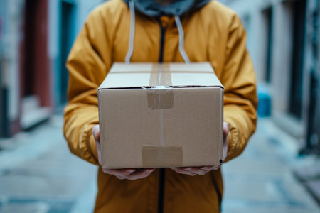 Delivery, cardboard box and man holding a package for courier business company or moving in conceptの素材