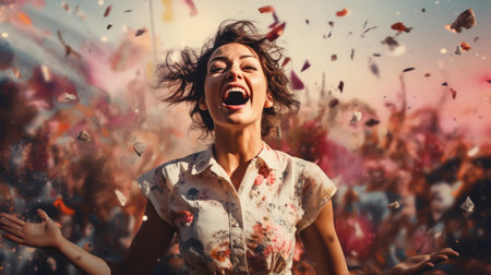 Happy woman, vibrant confetti and colorful joy. Joyful, lively and radiant lady in a spectrum ofの素材