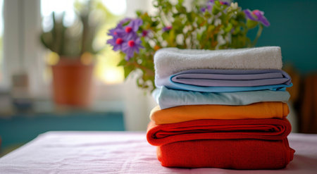 Clothing, clean and folded laundry for laundromat business service, background or cleaning detergentの素材