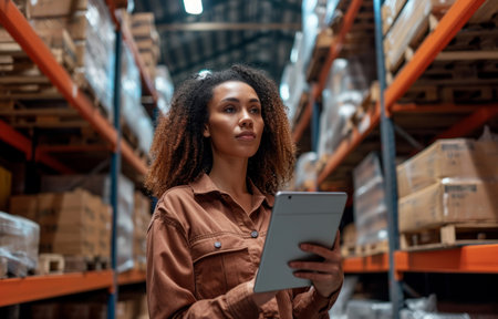 Warehouse, business and woman employee checking stock or product for courier service, delivery orの素材