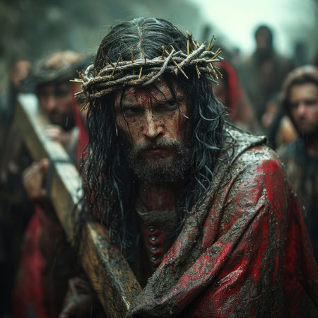 Closeup, christ and Jesus with pain for religion, faith and spiritual salvation with passionの素材