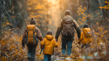 Sunset, father and children with background for aventure, freedom or vacation. Healthy, activity andの素材