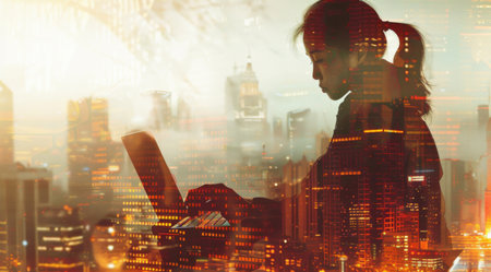 Business, laptop and silhouette of woman working for corporate, communication or entrepreneurの素材