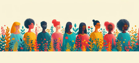 Diversity, freedom and equality with a group of woman together in a crowd or illustration as aの素材