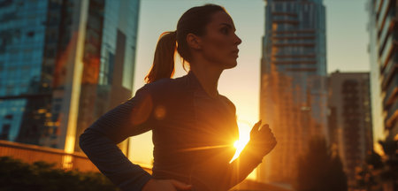 Woman, running and athlete on a morning run in the city for training, fitness and workout. Confidentの素材