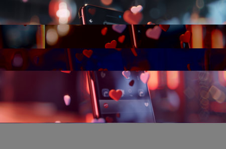 Smartphone, digital or mobile with icons and emojis for social media marketing, dating or networkingの素材