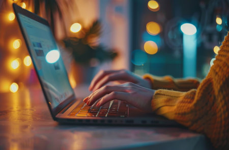 Laptop, hand and person typing an email or message for social media marketing, business orの素材