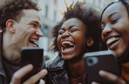 Smartphone, group and friends looking at a funny social media post, video call or internet clipsの素材