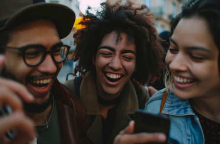Smartphone, group and friends looking at a funny social media post, video call or internet clipsの素材